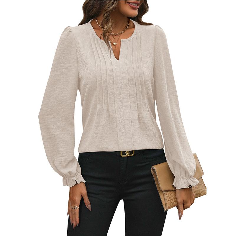 QICED Женские модные повседневные летние весенние однотонные блузки и рубашки с v-образным вырезом и длинными рукавами с принтом