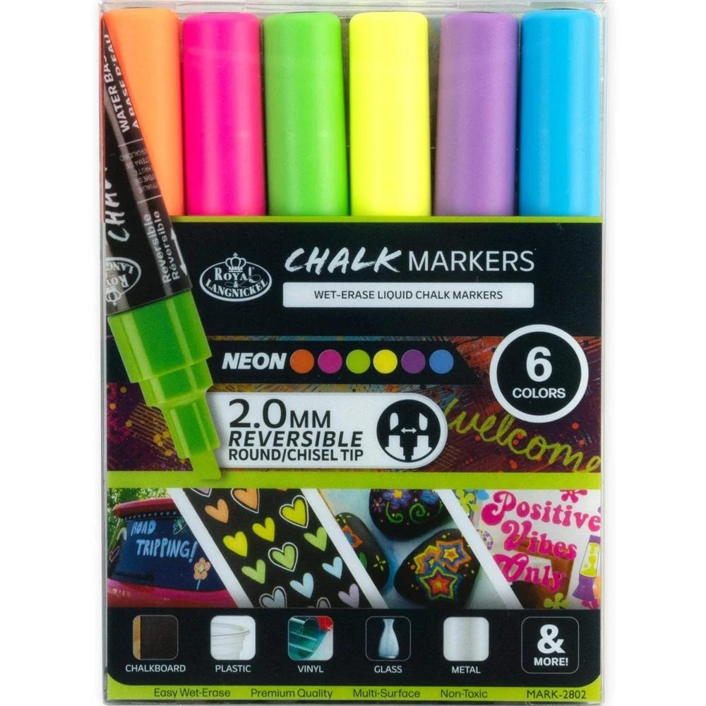 6 Piece Neon Chalk Markers Set Non-Toxic Liquid Chalk Multi-Surface Easy Clean Fine Point Reversible Tip Ideal Artists Crafters