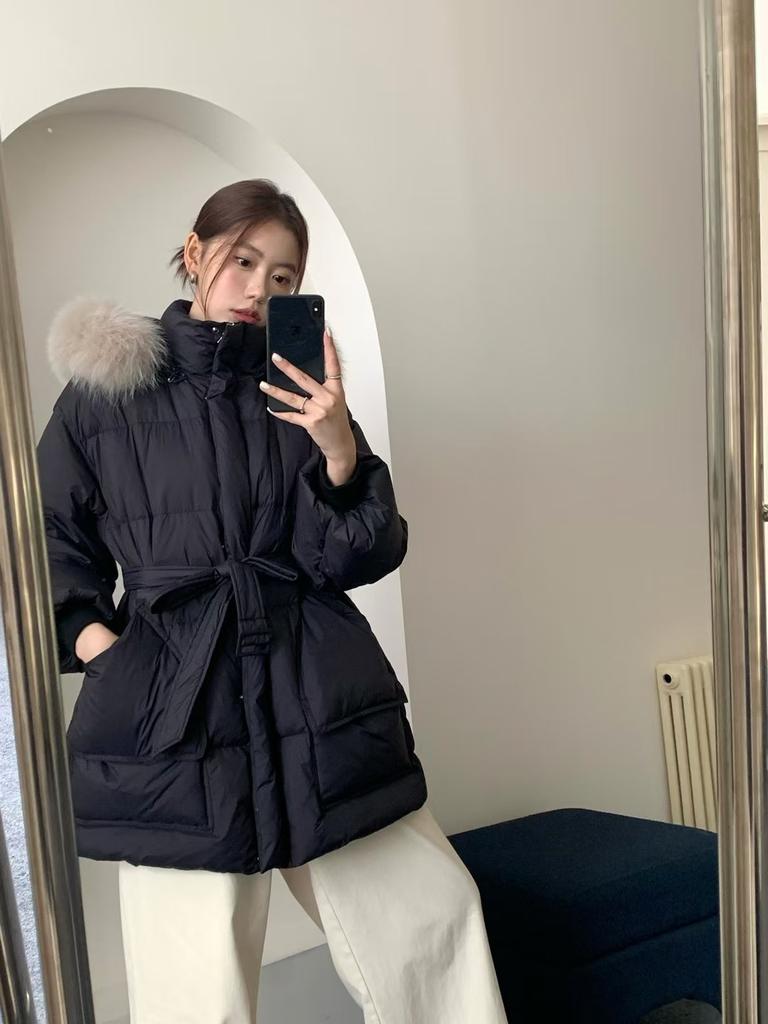 2024 новый большой меховой воротник с капюшоном белый утиный пуховик женский талия и тонкий средний и длинный утолщенный пальто
