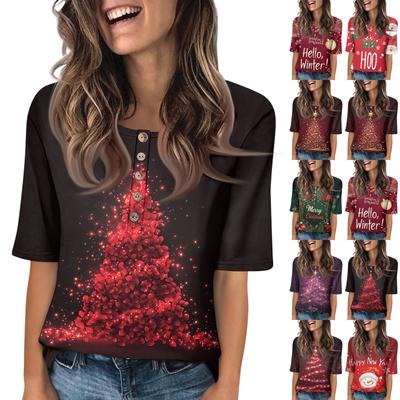 Рубашки для женщин модные с круглым вырезом на пуговицах футболки с принтом блузка с рукавом до локтя топы для женщин