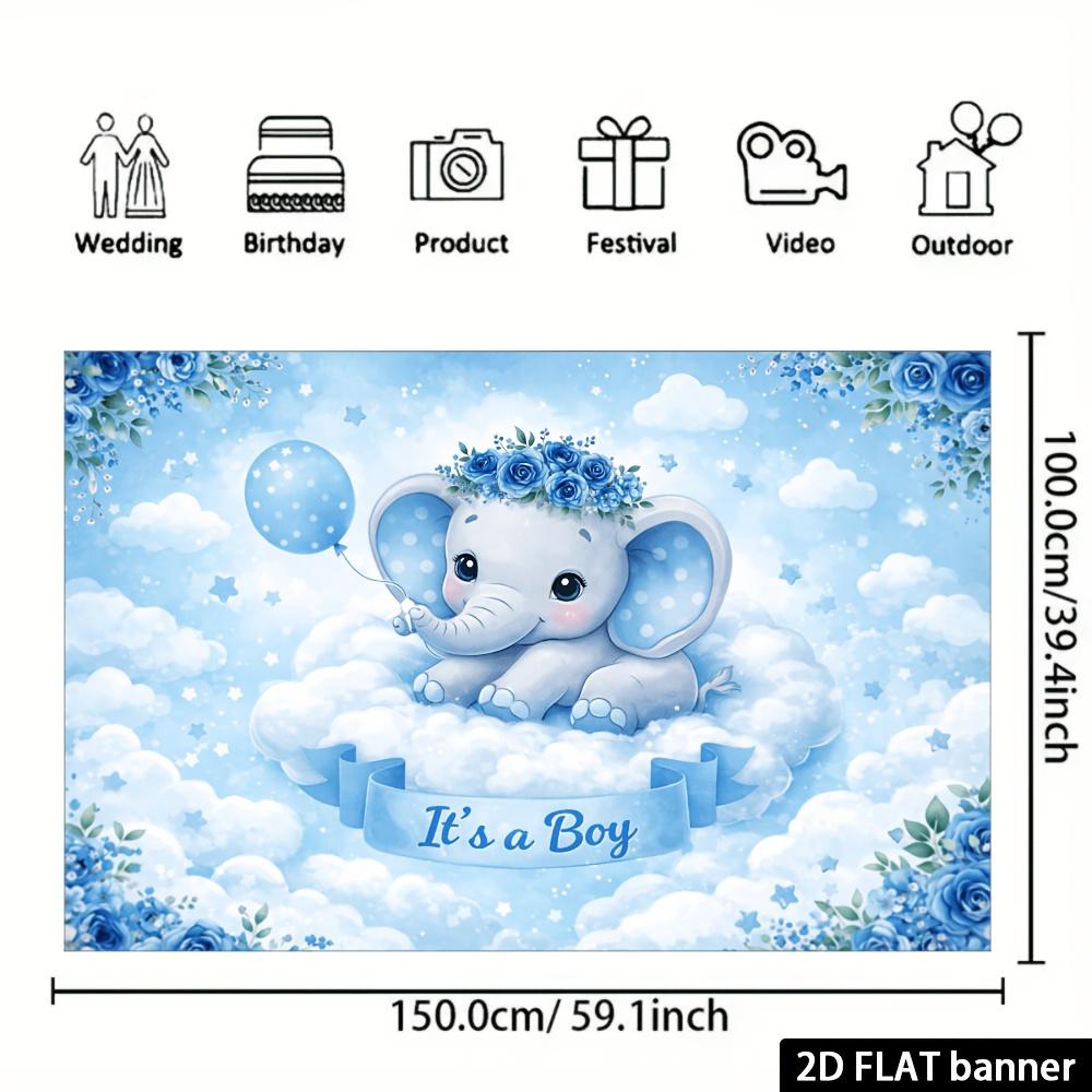 2D Plane Cloud Elephant Theme Background Cloth - Light Blue Dreamy Style Decorated with Balloons Stars and Blue Roses