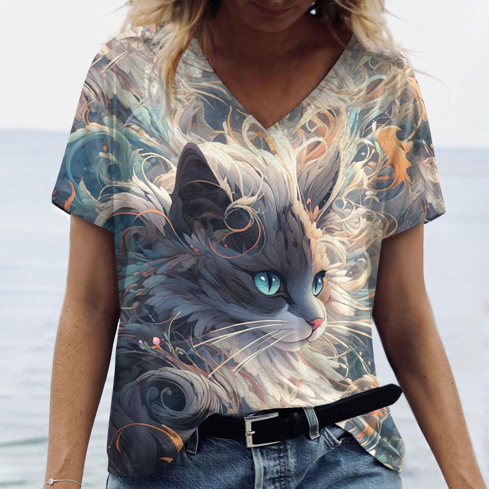 Women's V-Neck Short Sleeve T-Shirts Animals Printed Summer Clothing Cute Cartoon Cat Woman Tshirts Streetwear Tops