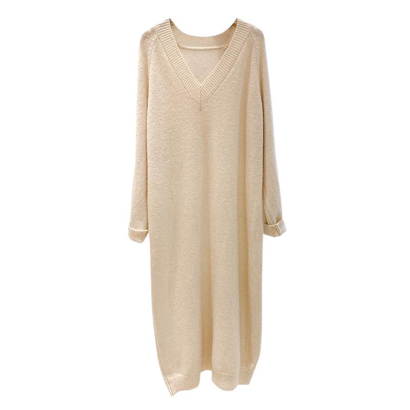 Корейское трикотажное платье с V-образным вырезом: Большие размеры, облегающие и свободные, однотонные, осень/зима