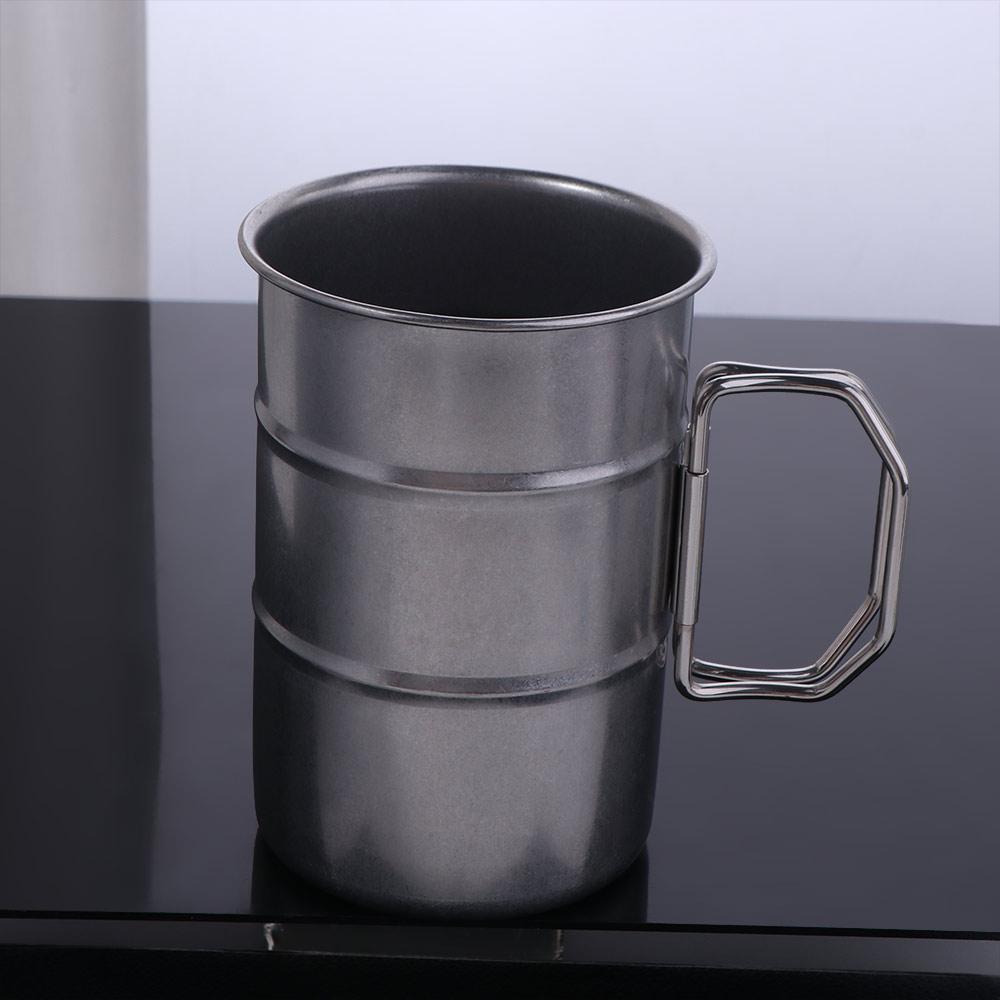 Folding Handle Stainless Steel Camping Mug Oil Barrel Shape Portable Outdoor Drinking Cup  BBQ