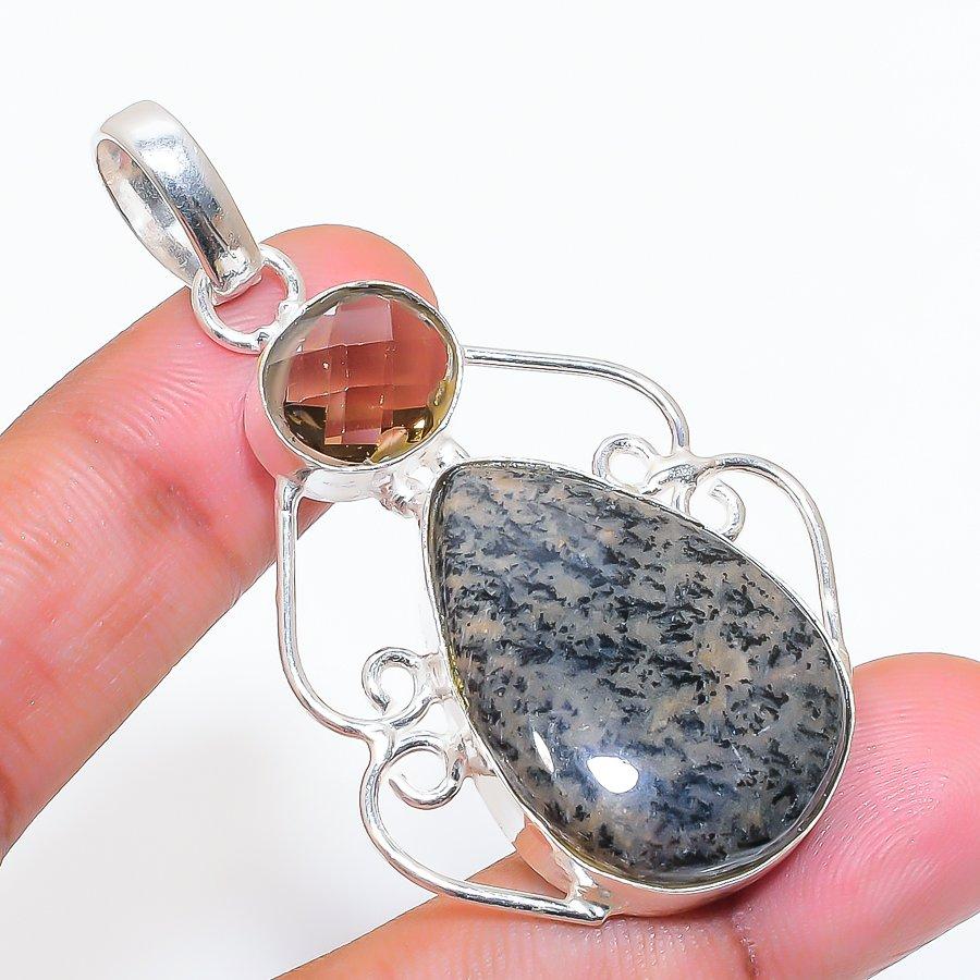 Natural Honey Dendritic, Topaz 925 Sterling Silver Jewelry Pendant 2.36" ZS-579