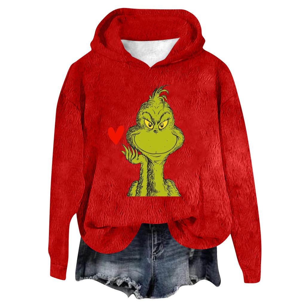 Women's Hooded Long Sleeve Christmas Printed Flannel Top Hooded Sweatshirt