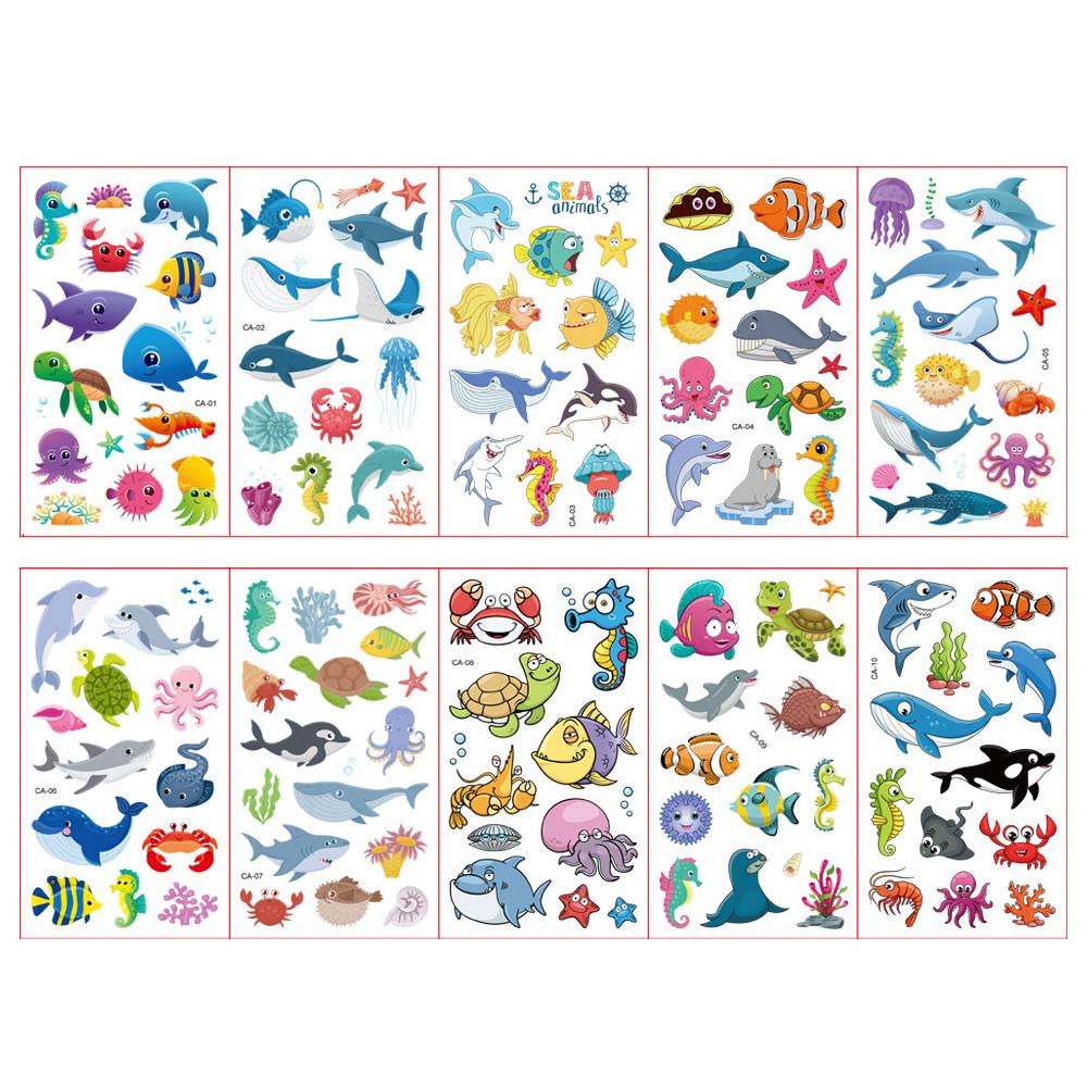 10 Sheets/Set Ocean Fish Whale Fake Tattoo Stickers Cartoon Marine Life Temporary Tattoos Kids DIY Body Arms Art Tattoo Sticker