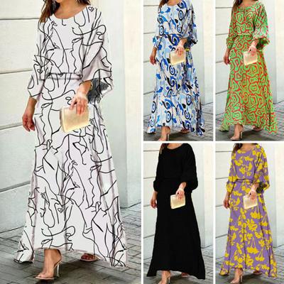 2 шт./компл., женский топ, комплект с юбкой, контрастный цветной принт, рукав три четверти, свободный круглый вырез, высокая талия, длина до щиколотки, мягкая женская одежда