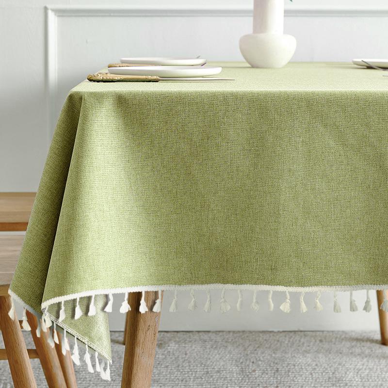 Solid Color Cotton Linen Tablecloth Lace Hanging Tassel Edge Breathable Wear-resistant Versatile Cover Dining Table Coffee Table