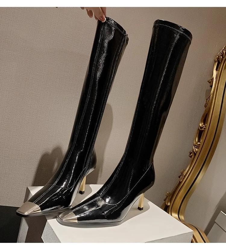YX новые тонкие сапоги квадратный носок тонкий каблук боковая молния лакированная кожа но до колена женские железный носок высокий каблук короткие сапоги высокие сапоги