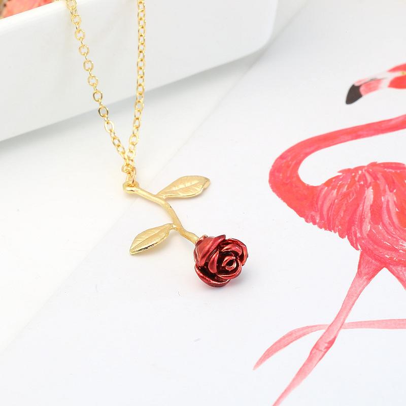 3D Enamel Rose Pendant Necklace , Romantic Valentine's Day Droplet Red Flower Choker Chain , Fashion Commuter Style