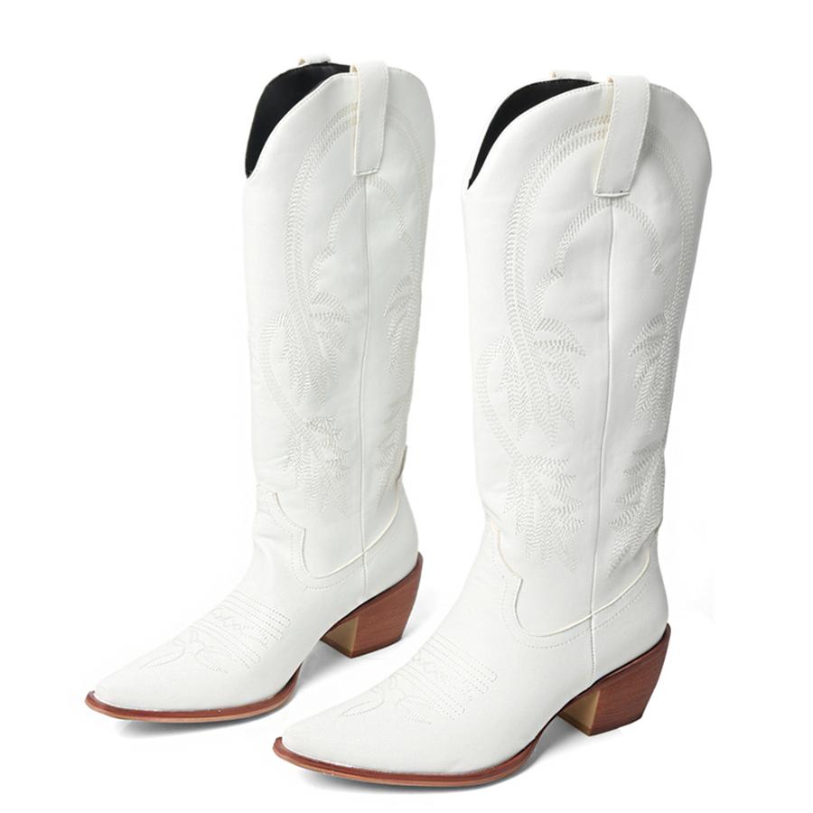 FOREADA Женские ковбойские сапоги до колена, с острым носком, на массивном высоком каблуке, с вышивкой, в стиле вестерн, сапоги гого, женская модная обувь, зима, красные