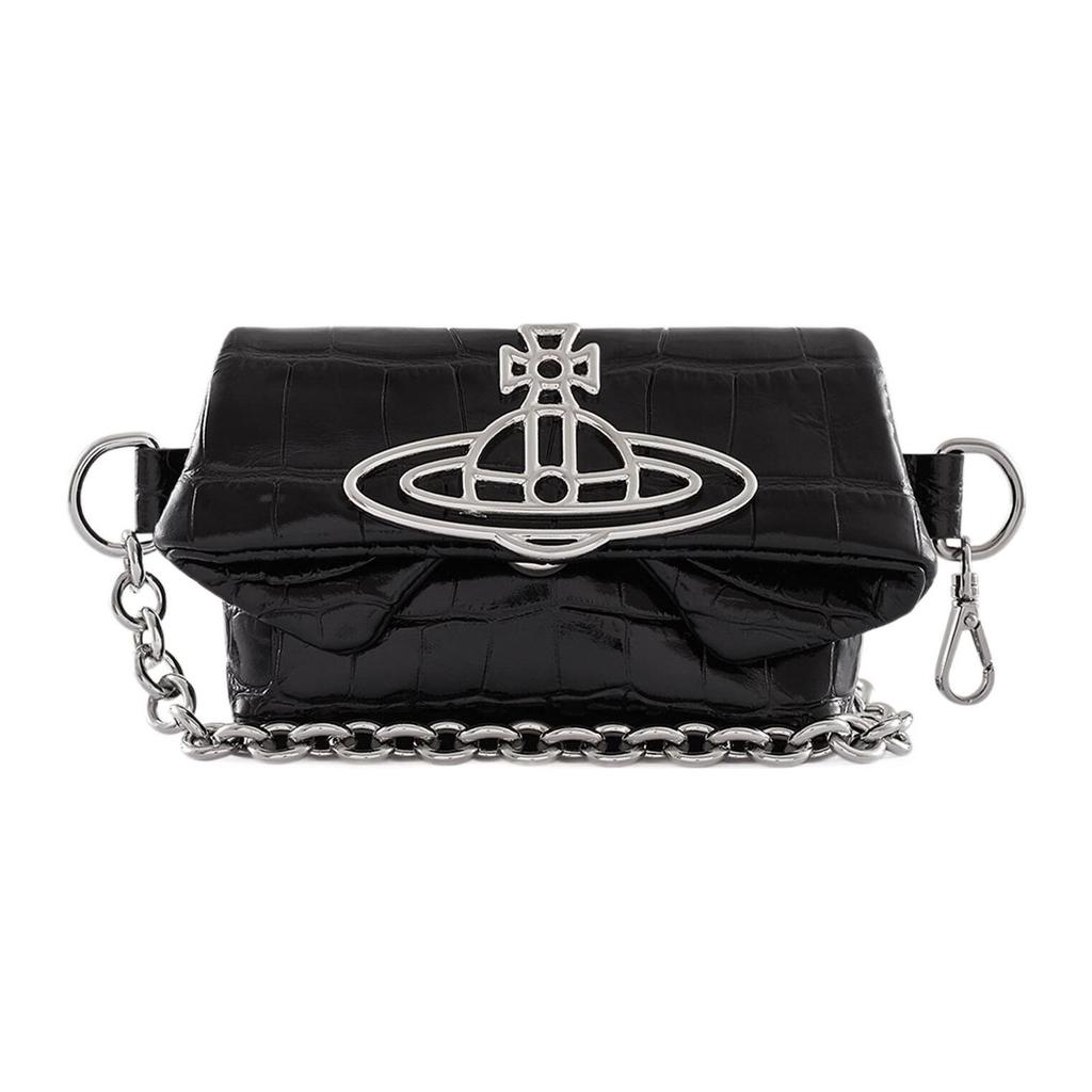 Vivienne Westwood Saturn Logo Snap Closure Crocodile Pattern Embossed Surface Mini Waist Bag Women waist bag Black 51130009UL0039N401