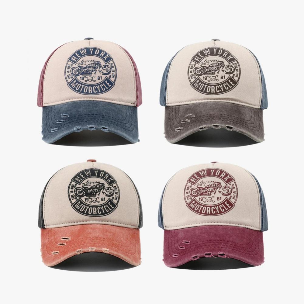 Unisex Retro Washed Letters Motor Print Baseball Cap Adjustable Sun Hat Spring Summer Outdoor Sun Protection
