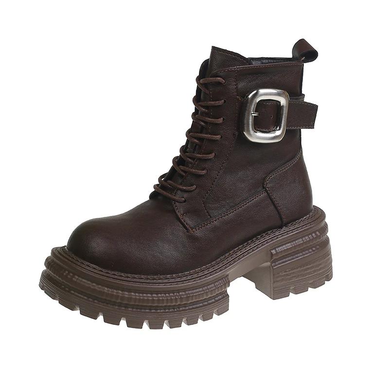 Модная женская обувь 2024 года, фирменные женские ботинки с боковой молнией, модные современные ботинки со шнуровкой спереди, женские новые однотонные ботинки с пряжкой на ремне