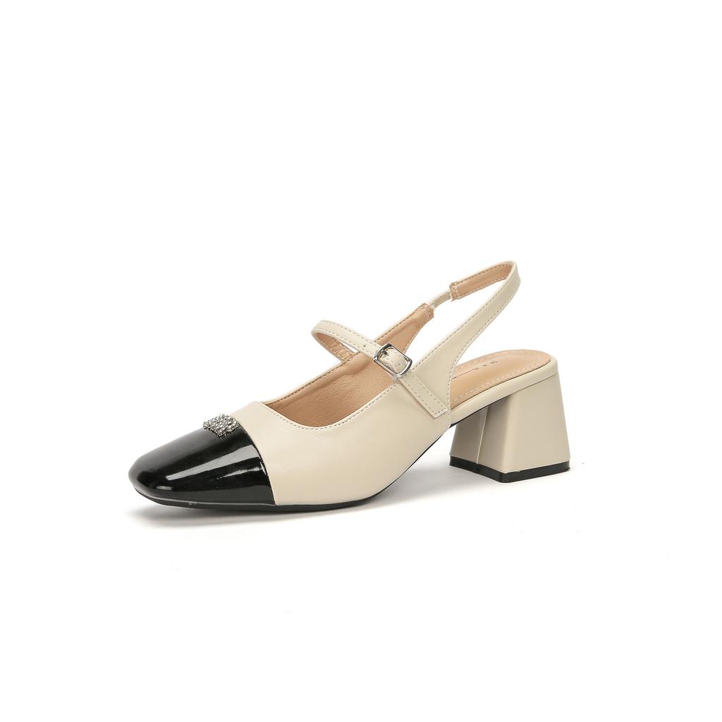 Mary Jane Single Shoes Women's Small Fragrant Style Black and White Apricot Splicing Medium Heel Thick Heel Shoes Women's Sandals One Word Belt Shoes