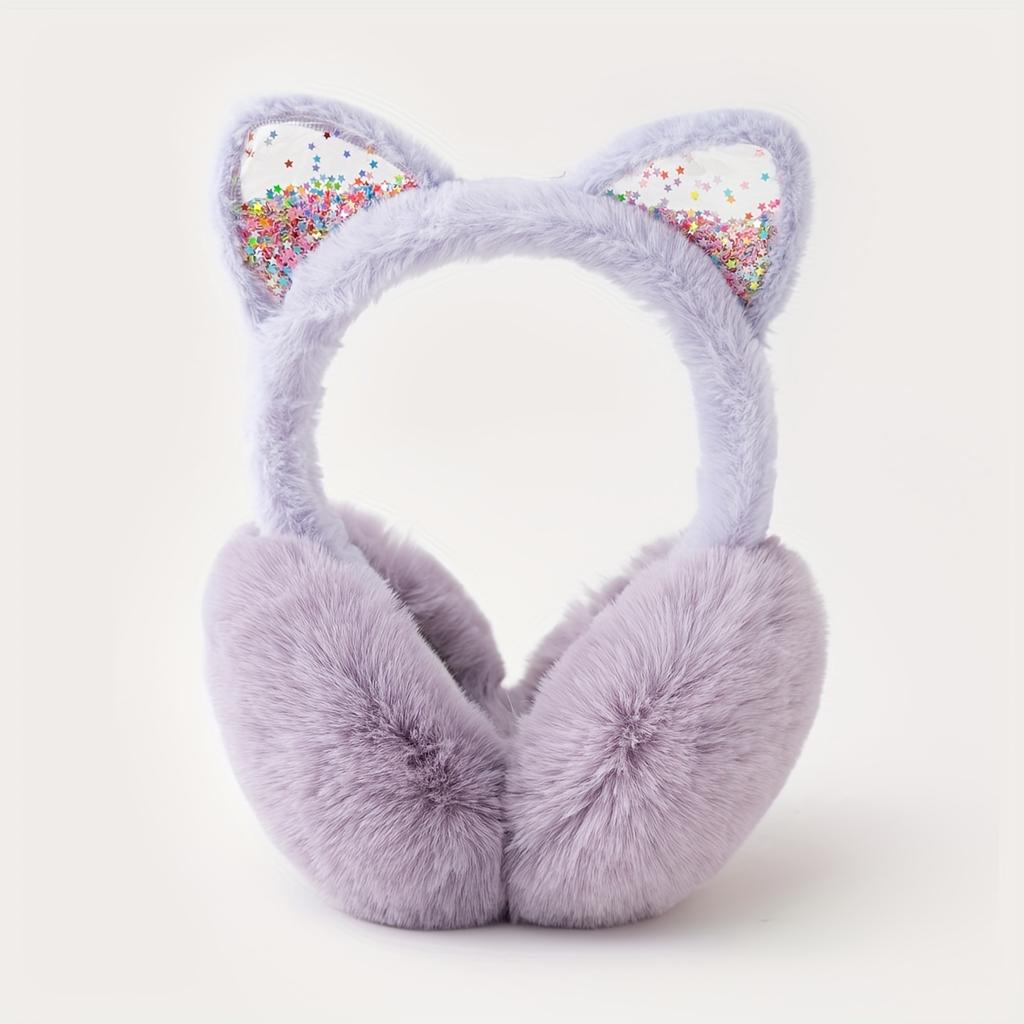 Cute Cat Ear Earmuffs for Teen Girls - Foldable Winter Ear Warmers, Sparkle Sequin Design, Solid Color, Polyester, Suitable for Ages 15+