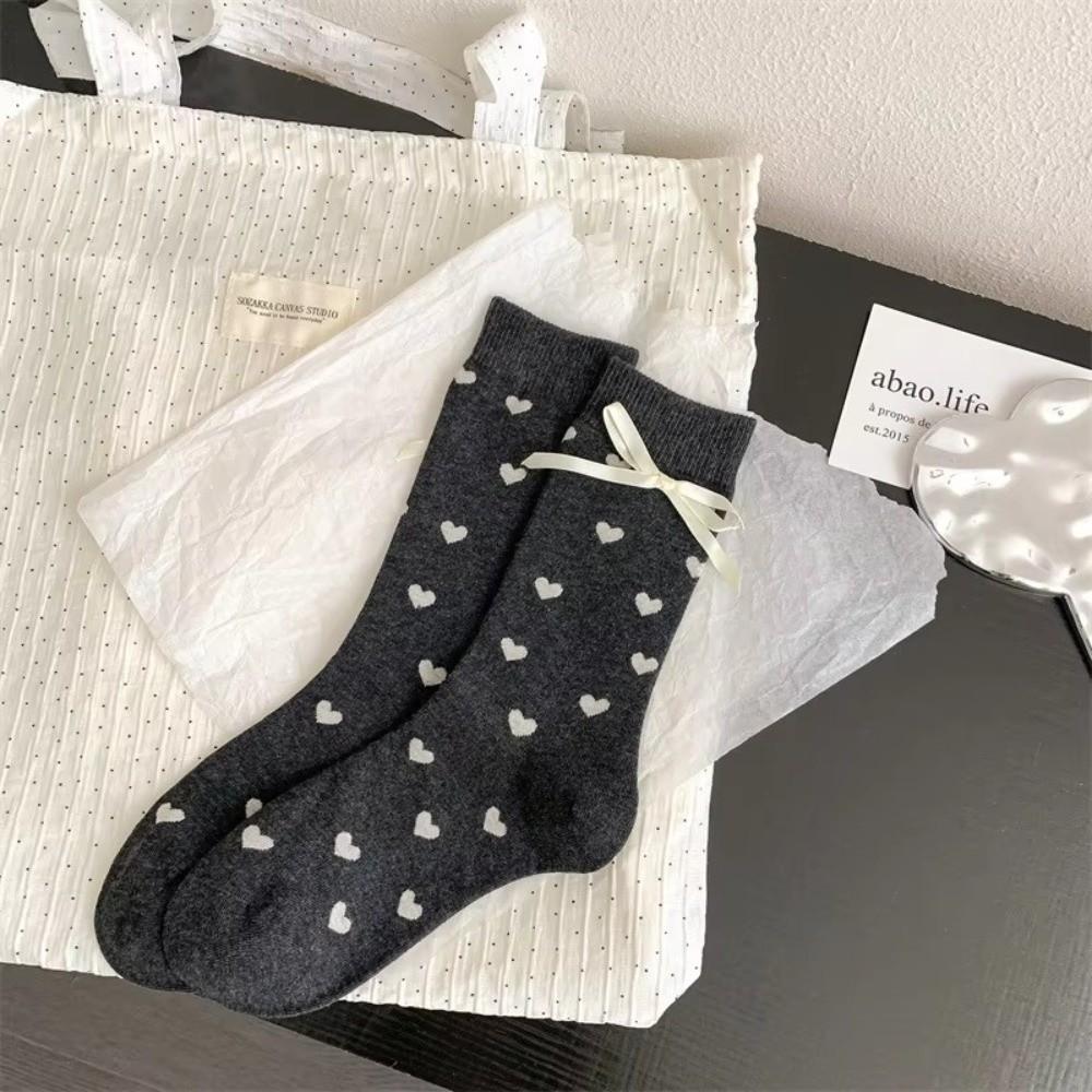 5 Pairs Set Heart Polka Dots Long Socks Thickened Sweet Socks Mid Tube Socks Autumn Winter Season