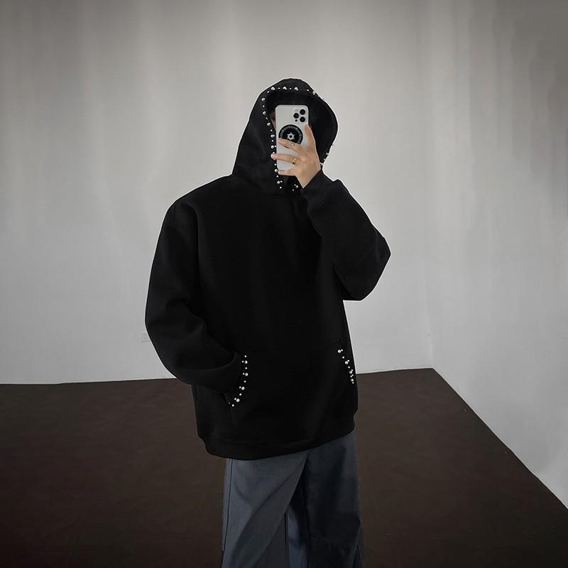 Mens Pearl Decor Heavyweight Hoodie Loose Fit Vintage Style Couples Winter