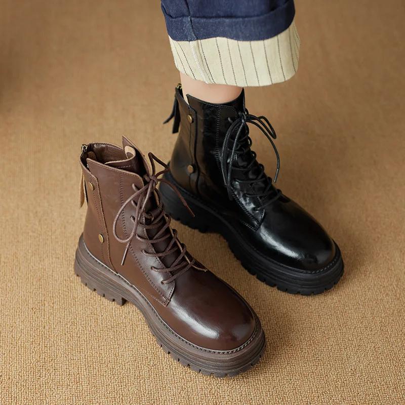 Уличная женская обувь Женские ботинки из натуральной кожи Осенне-зимние теплые женские ботинки с молнией сзади Ретро плиссированные мотоциклетные ботинки