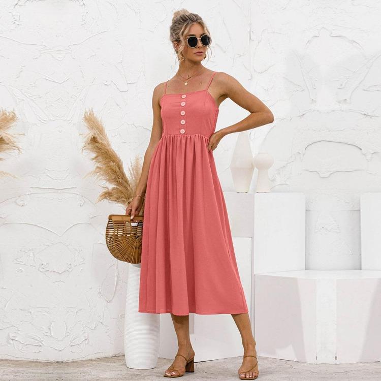 Женское летнее длинное платье однотонного цвета А-силуэта на тонких бретельках без рукавов с высокой талией и пуговицами, повседневное, милое, S-XL