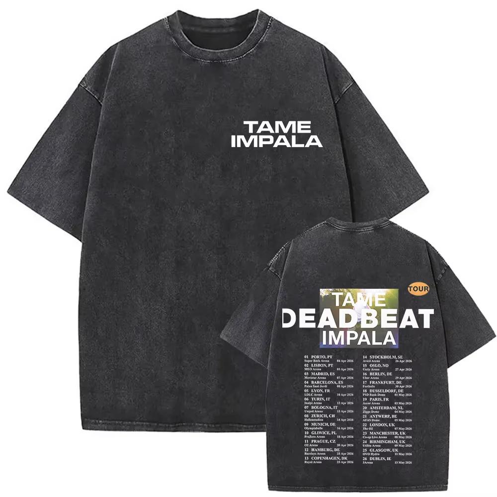 Rock Band Tame Impala Deadbeat Tour 2026 Vintage Washed T-shirt Unisex Hip Hop Gothic T Shirt Casual Oversized Short Sleeve Tees