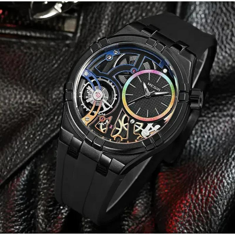 MEGIR Orange Sport Analog Watch for Men Fashion Waterproof Quartz Wristwatch with Luminous Hands Silicone Strap