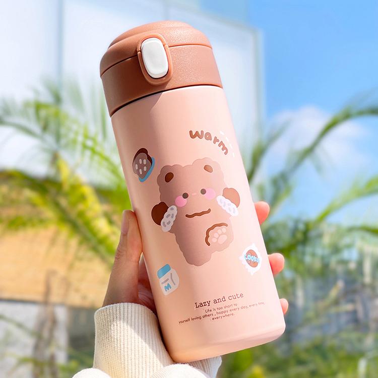 Термобутылка Kawaii Bear, 380 мл для детей, школьных женщин, изолированная чашка из нержавеющей стали с соломой, милые термобутылки для воды