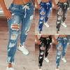 Ladies Elastic Waist Drawstring Jeans Ripped Slim Ladies Denim Casual Trousers