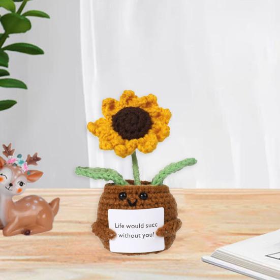 Вязаная крючком кукла подсолнуха, игрушка ручной работы для эмоциональной поддержки с ободряющей карточкой, вязаное украшение для горшка с растением подсолнечника, забавная кукла позитивной жизни