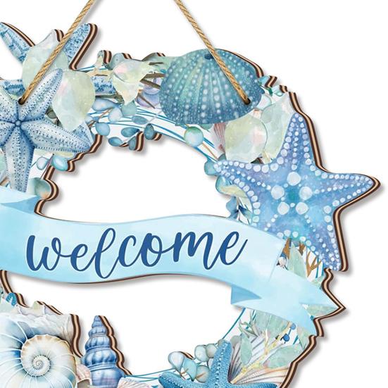 Door Sign Watercolor Starfish Seashells Design Wooden Beach Decor with Hanging Rope Waterproof Outdoor Indoor Seaside Entrance Sign Home Accent