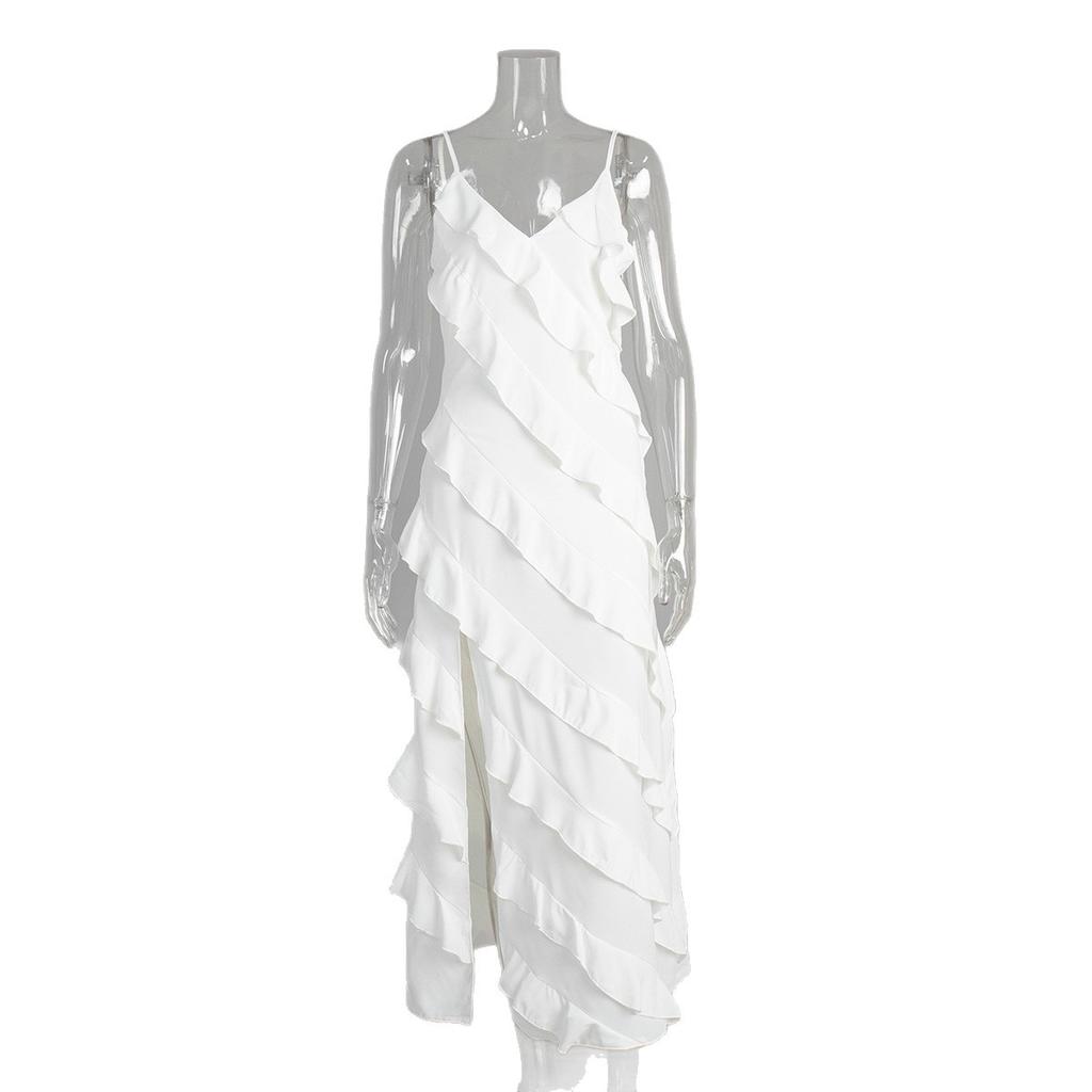 Сшитое платье-комбинация с оборками, на бретельках, длинное, европейское и американское, летнее, новое, сексуальное, с разрезом, облегающее платье