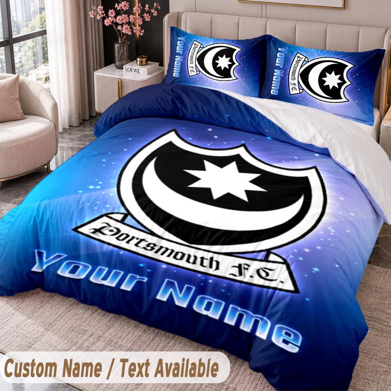 Portsmouth FC Printed Bedding Set Custom Name Text 1 Duvet Cover 2 Pillowcases For Bedroom