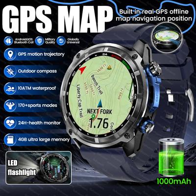 2026 Новые мужские уличные умные часы с картой Real GPS, 4 ГБ ОЗУ, аккумулятор 1000 мАч, водонепроницаемость 10 АТМ, Bluetooth-звонки, военные, AMOLED, спортивные умные часы