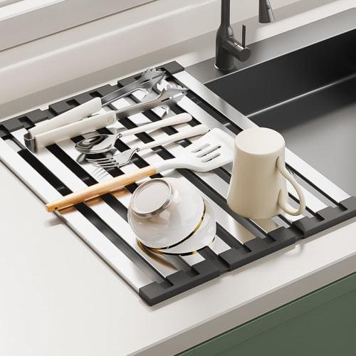 THCTYRP Stainless Steel Folding Dish Drainer, Over-the-Sink, 20kg Weight Capacity | Square Bar Design for Enhanced Stability, Fits Dishes, Pots, and C
