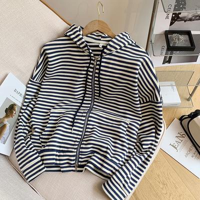 Новая осенне-зимняя полосатая толстовка с капюшоном для женщин, свободная, длинная, ленивая, нишевая, универсальная, на молнии, кардиган