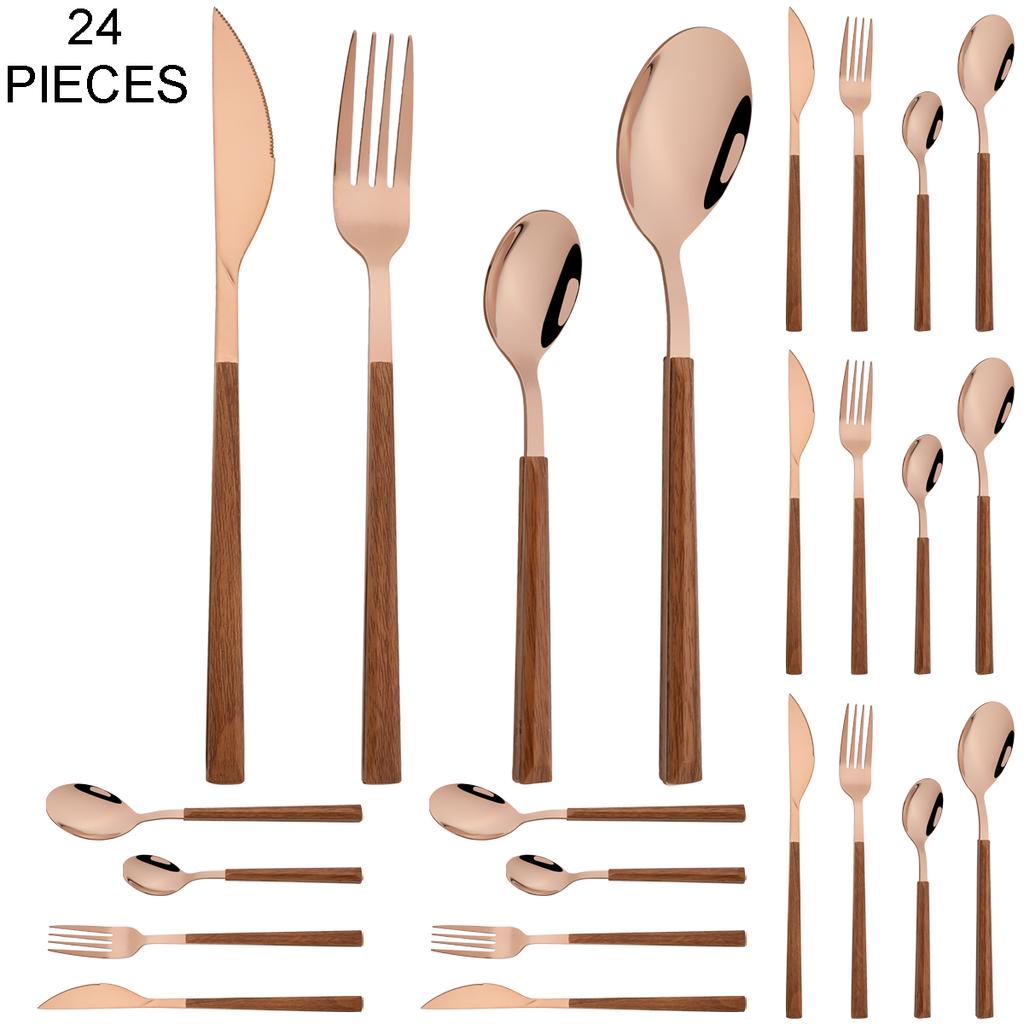 24Pcs Imitation Wooden Handle Cutlery Set Knife Dessert Fork Coffee Spoon Dinnerware Set Gold Kitchen Tableware Stainless Steel Flatware