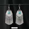 Retro Handmade Miao Silver Fringed Earrings Inlaid Turquoise Long Earrings Female Exotic Yunnan Dance Earrings