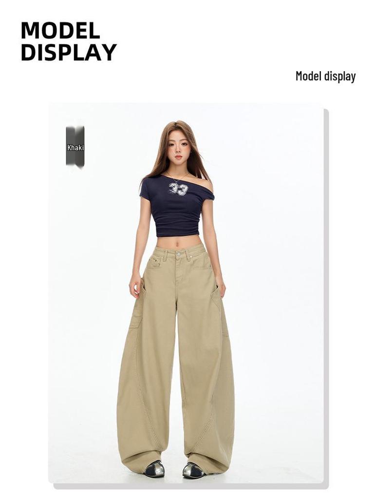 Autumn Khaki Scimitar High-Street Drapey Wide-Leg Jeans for Women