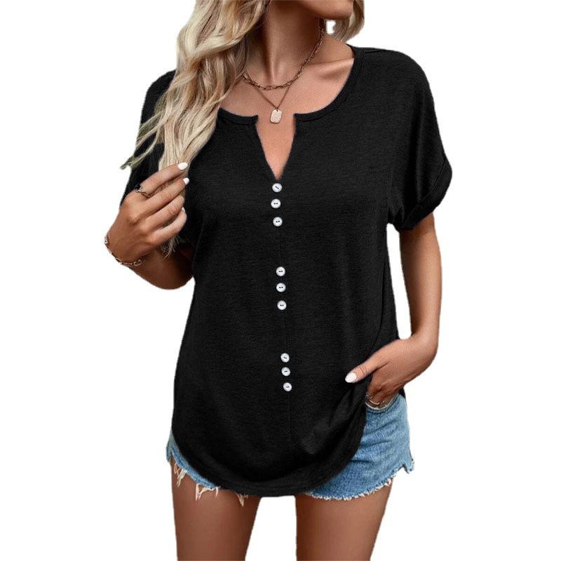 Summer Women's T-shirt V-neck Button Short Sleeve Top