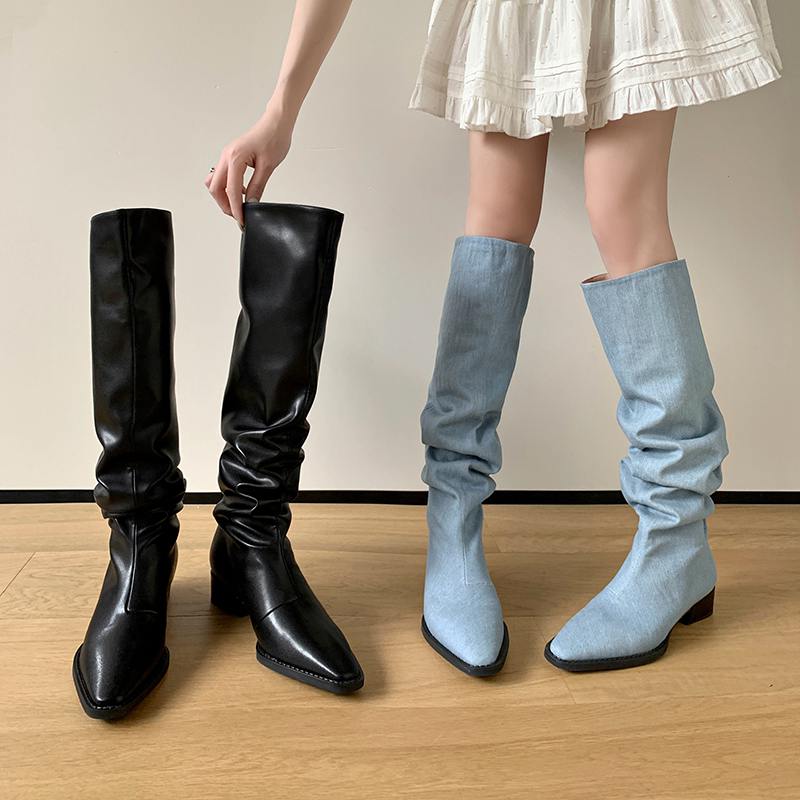 Krazing Pot Джинсовая осенне-зимняя обувь, круглый носок, толстый средний каблук, без шнуровки, плиссированные сапоги в стиле вестерн, женские сапоги до бедра
