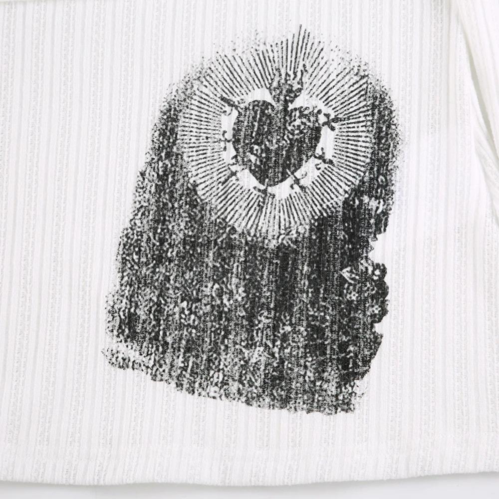 Прозрачная темная футболка с принтом Повседневная футболка с разрезом по горловине и длинным рукавом Женская мода Уличная одежда для женщин