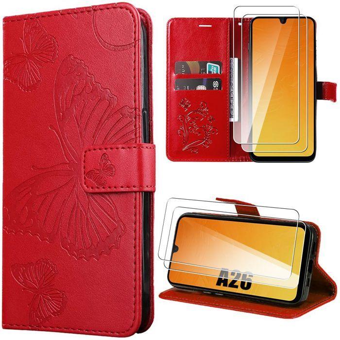 Protective Case - BOOLING - for Samsung Galaxy A26 5G - Red PU Leather - Butterfly Pattern - 2 Tempered Glasses