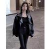 Женская черная кожаная куртка - Весна/Осень 2024, Мотоциклетный стиль, Маленькие и большие размеры, Корейский повседневный крой