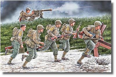 Master Box Масштаб 1/35 Пехота США в бою + 7 пулеметных расчетов, 1944 Пластиковый набор, MB35130