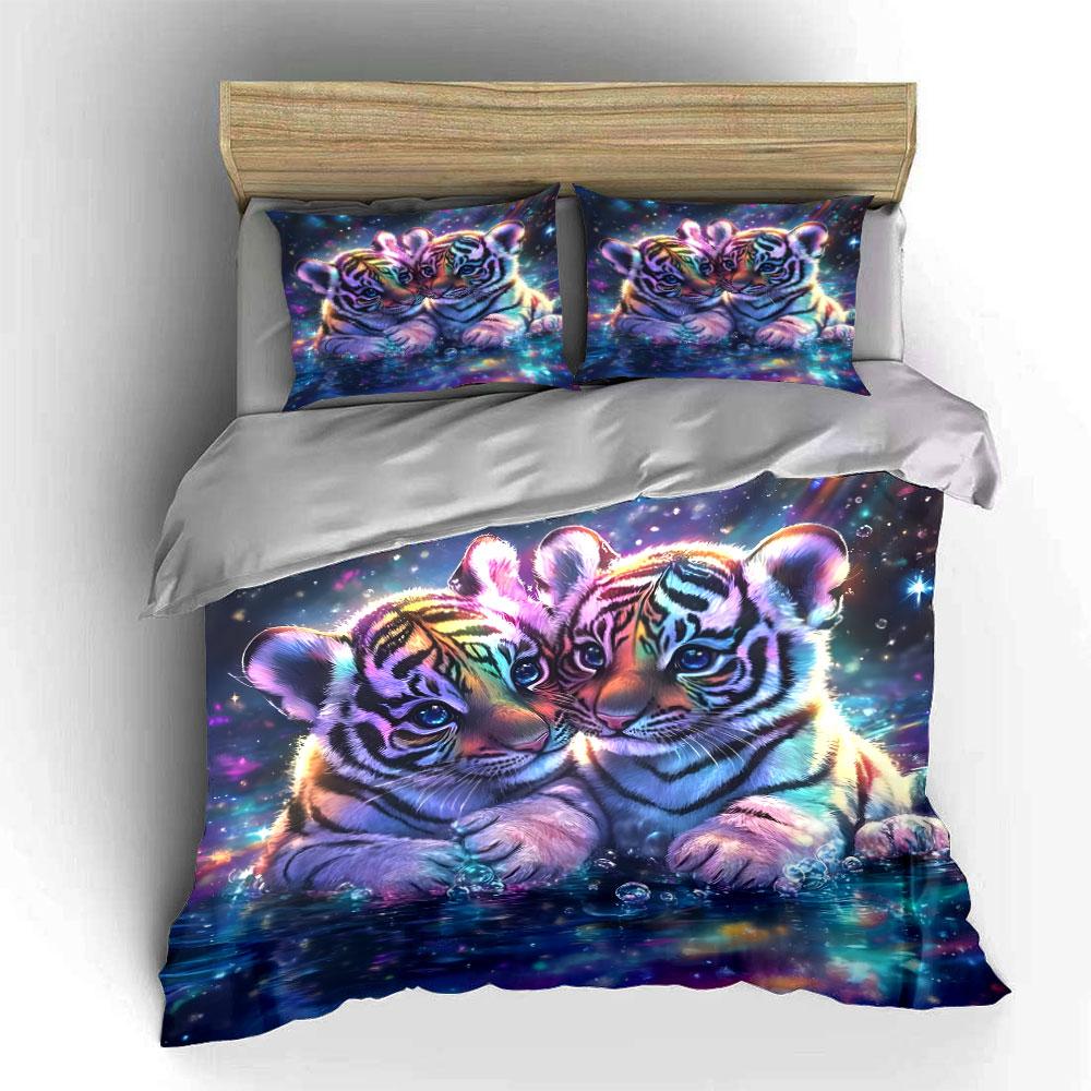 Colorful Tiger Cubs in Water Bedding Duvet Cover Set (1*Duvet Cover 2*Pillowcases, without duvet insert)