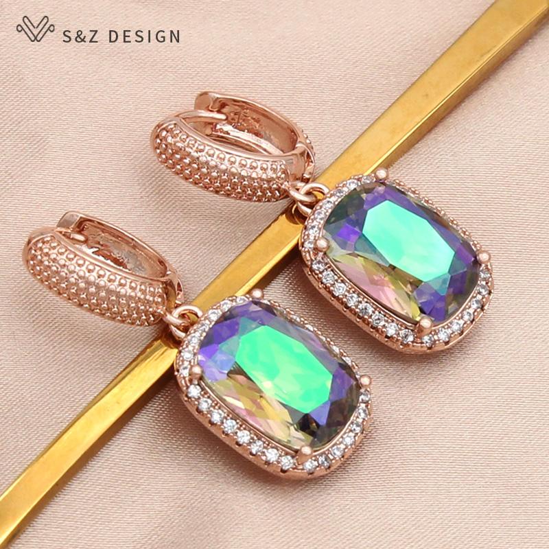 Fashion Luxury Rectangle Crystal Drop Earrings For Women Wedding Jewelry Rose Gold Color Zirconia Eardrop