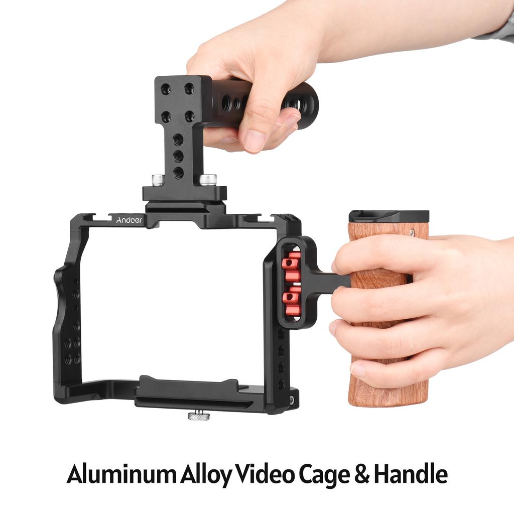 Andoer Camera Video Cage + Top Handle + Side Wooden Grip Kit Aluminum Alloy with Dual Cold Shoe