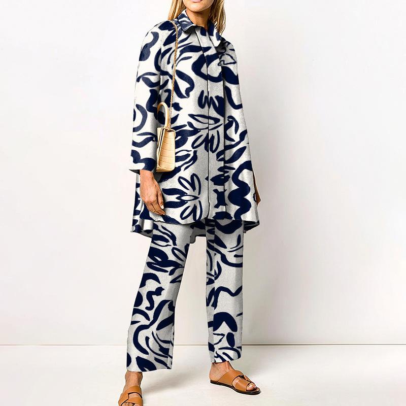 Женский комплект: рубашка и брюки с широкими штанинами, зеленый геометрический принт