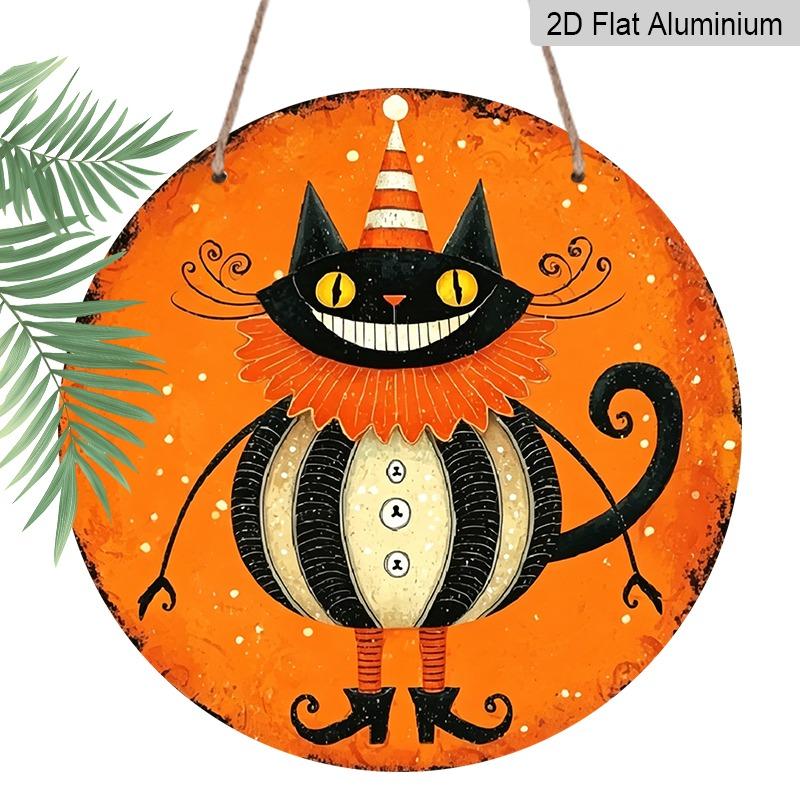 2D Flat 1pc/2pcs, Decorative Plaques and Ornaments Sign, Round Aluminum Vintage Halloween Clown Black Cat Hanging Sign, Retro Orange Swirl Wall
